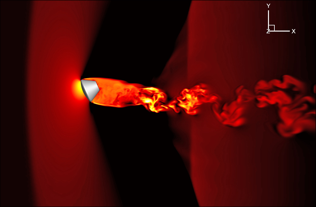 Free flying computational fluid dynamics simulations of geometries related to ADEPT (top) and Orion (bottom).