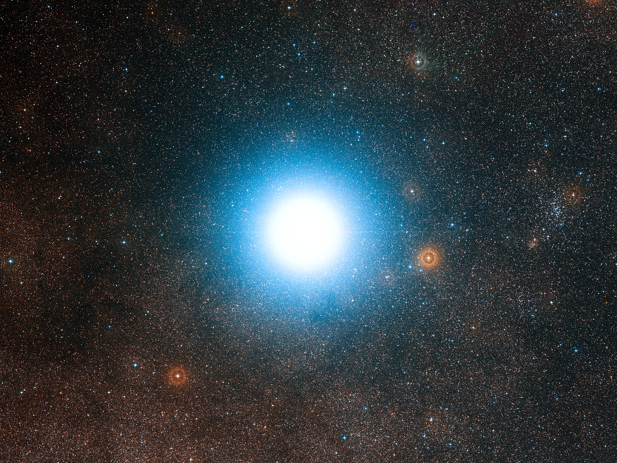 A bright star in the center of the image, with two dimmer red stars below it.