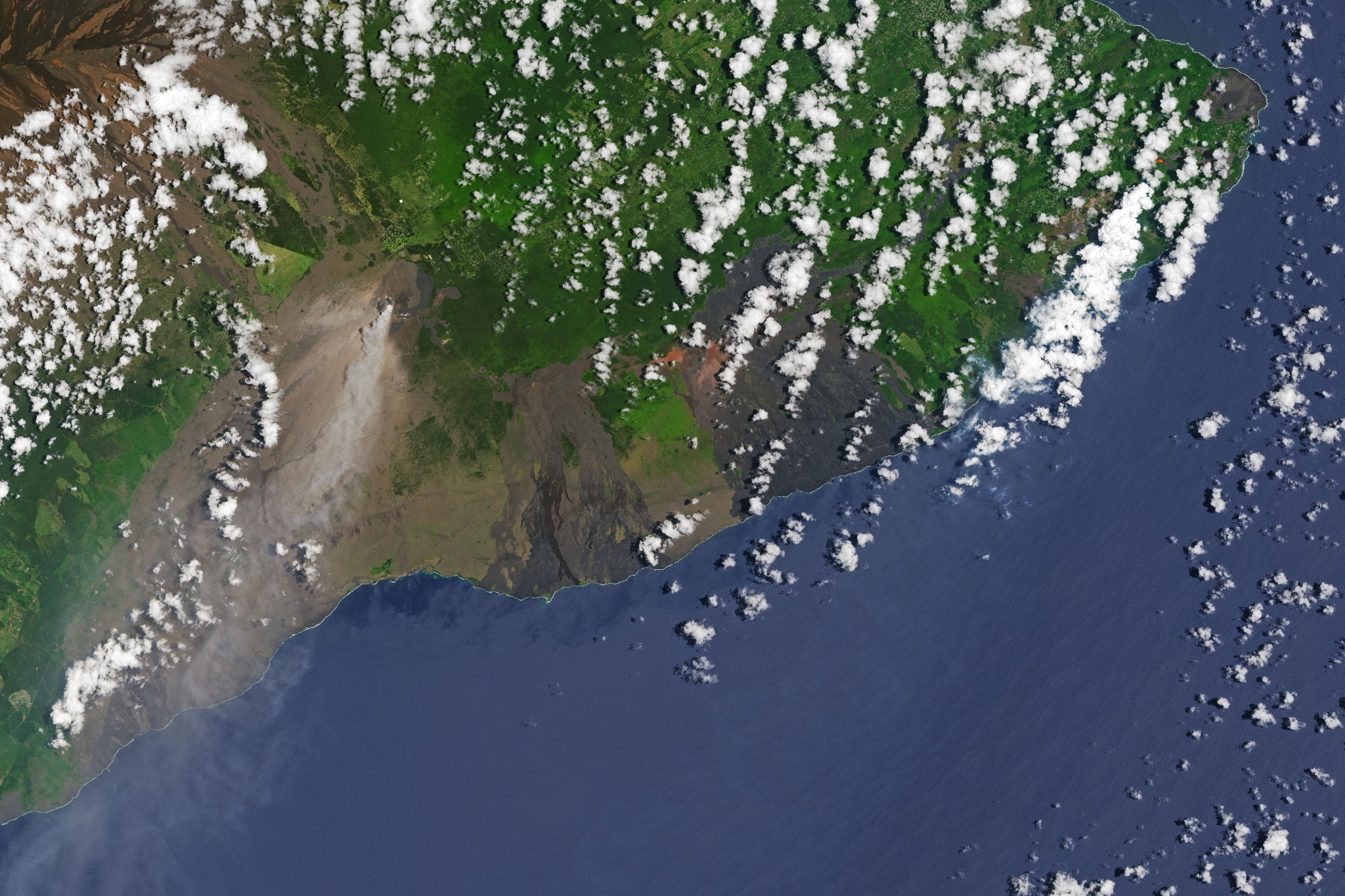 true color satellite image of Hawaii's Big Island with Kilauea's plume visible