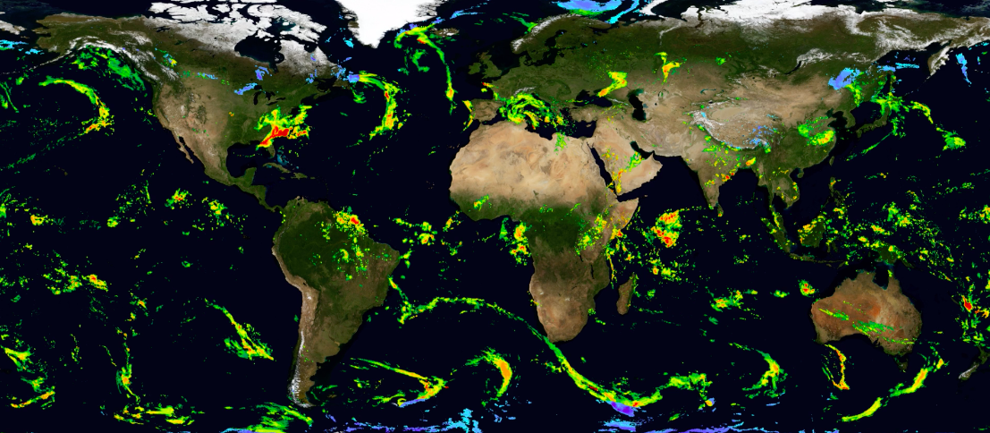 NASA data of worldwide precipitation via the IMERG product.
