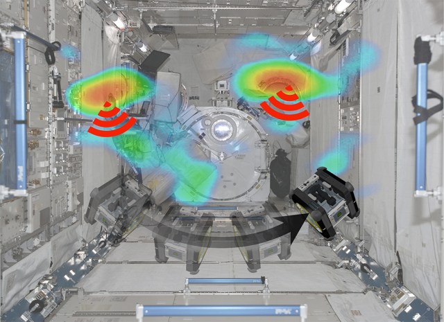 Artists concept of a free-flying robot mapping signal sources by measuring signal strength as it moves.