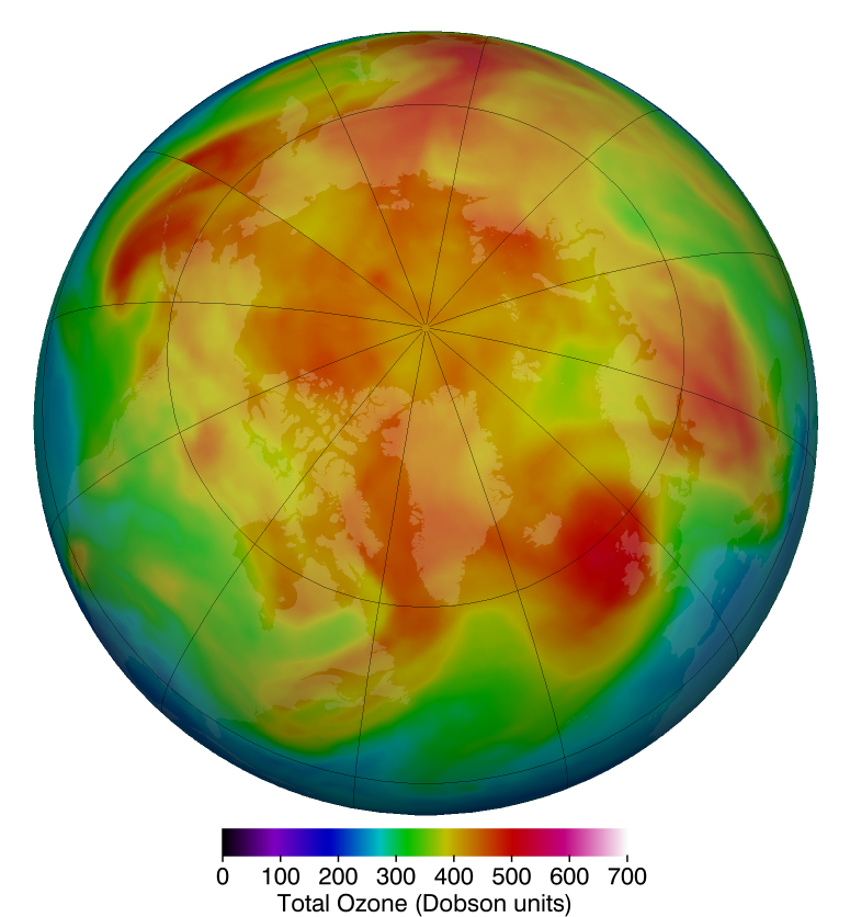 View of Arctic on globe showing ozone data for March 12, 2019. Higher levels in yellow and red occur over the pole.