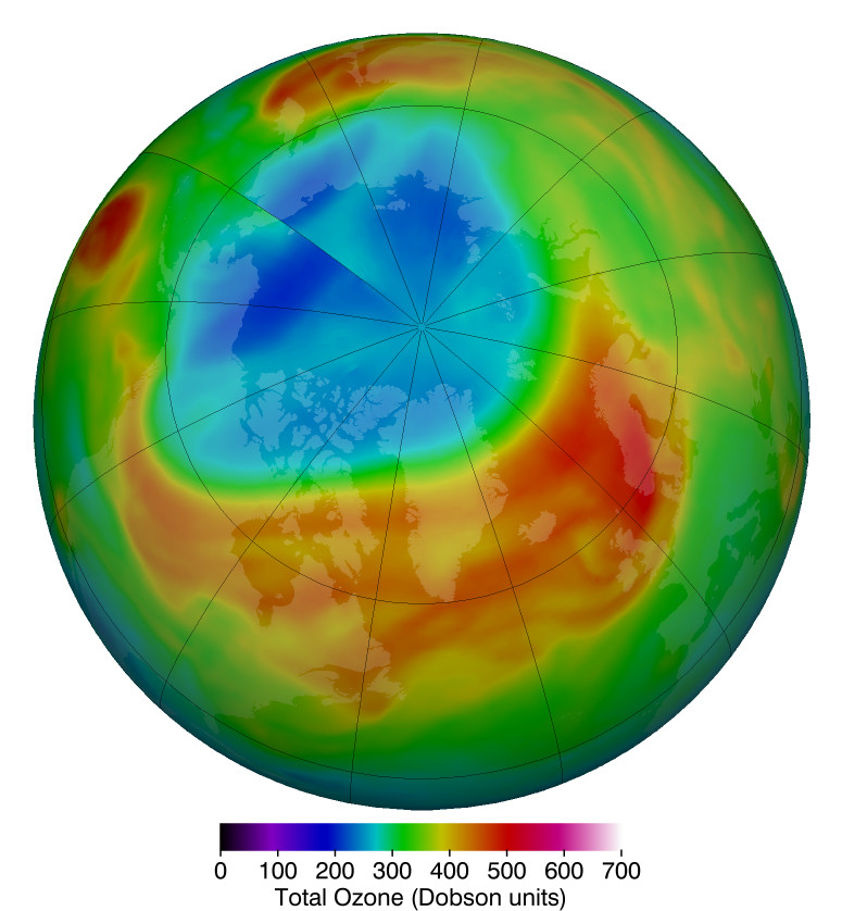 View of Arctic on globe showing ozone data for March 12, 2020. Low levels shown in blue occur over the pole.