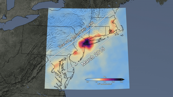 several images of maps showing decreases in air pollution, specifically tropospheric nitrogen dioxide (NO2), over the Northeast United States due to COVID-19 response.