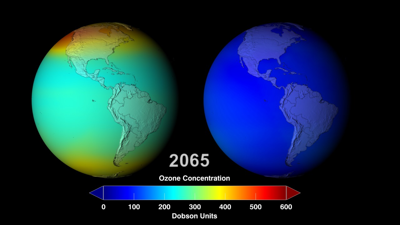 Comparison of projected 2065 global ozone levels with and without Montreal Protocol reductions.