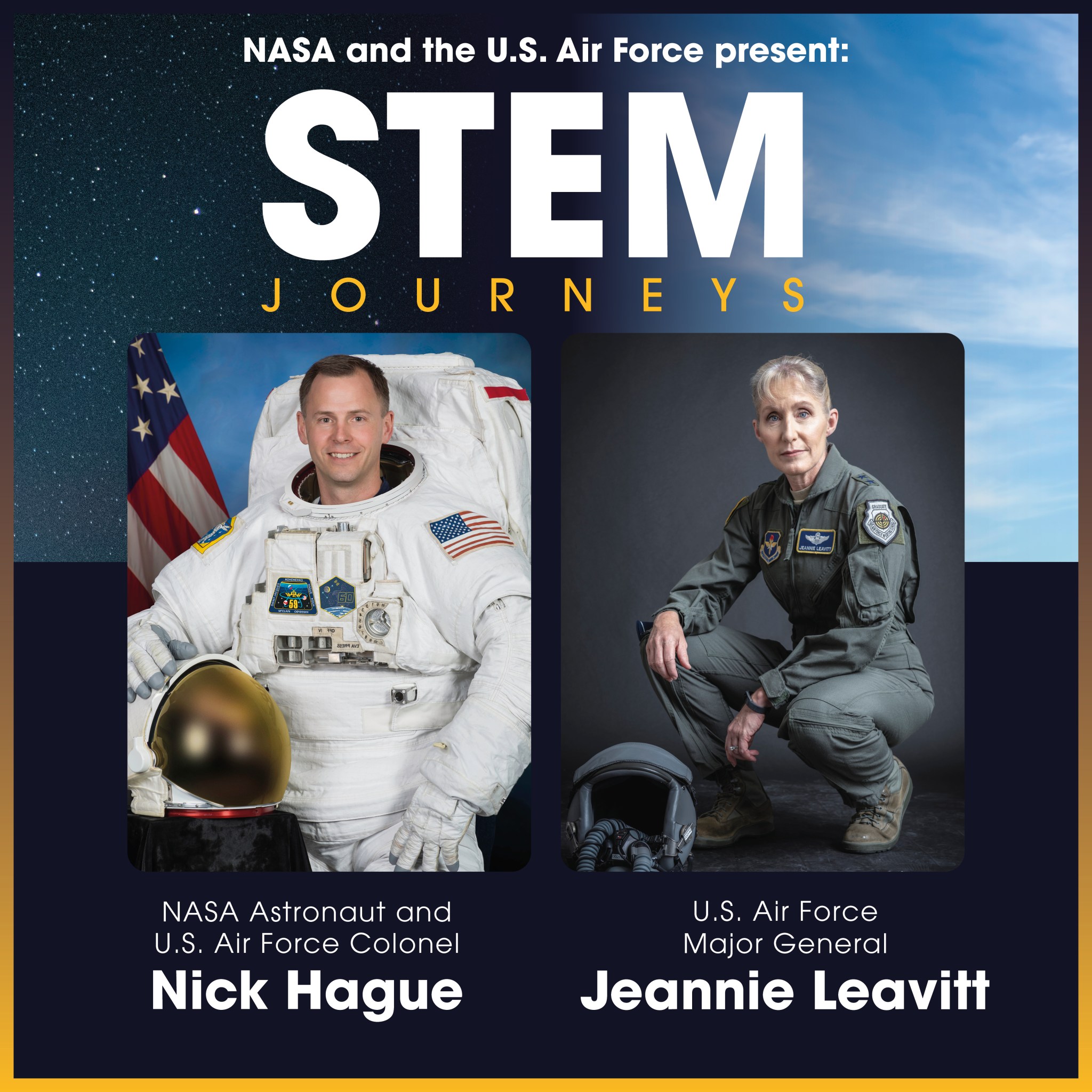NASA astronaut Nick Hague and Air Force Maj. Gen. Jeannie Leavitt 