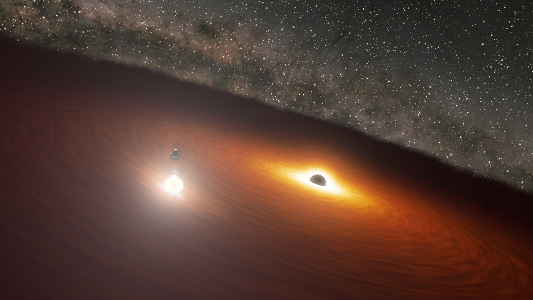 Artist's image of two massive black holes in the OJ 287 galaxy