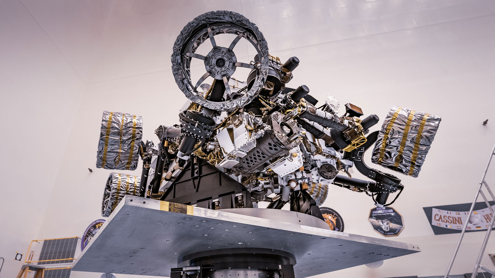 Another view of NASA's Perseverance rover attached to a spin table during a test of its mass properties.