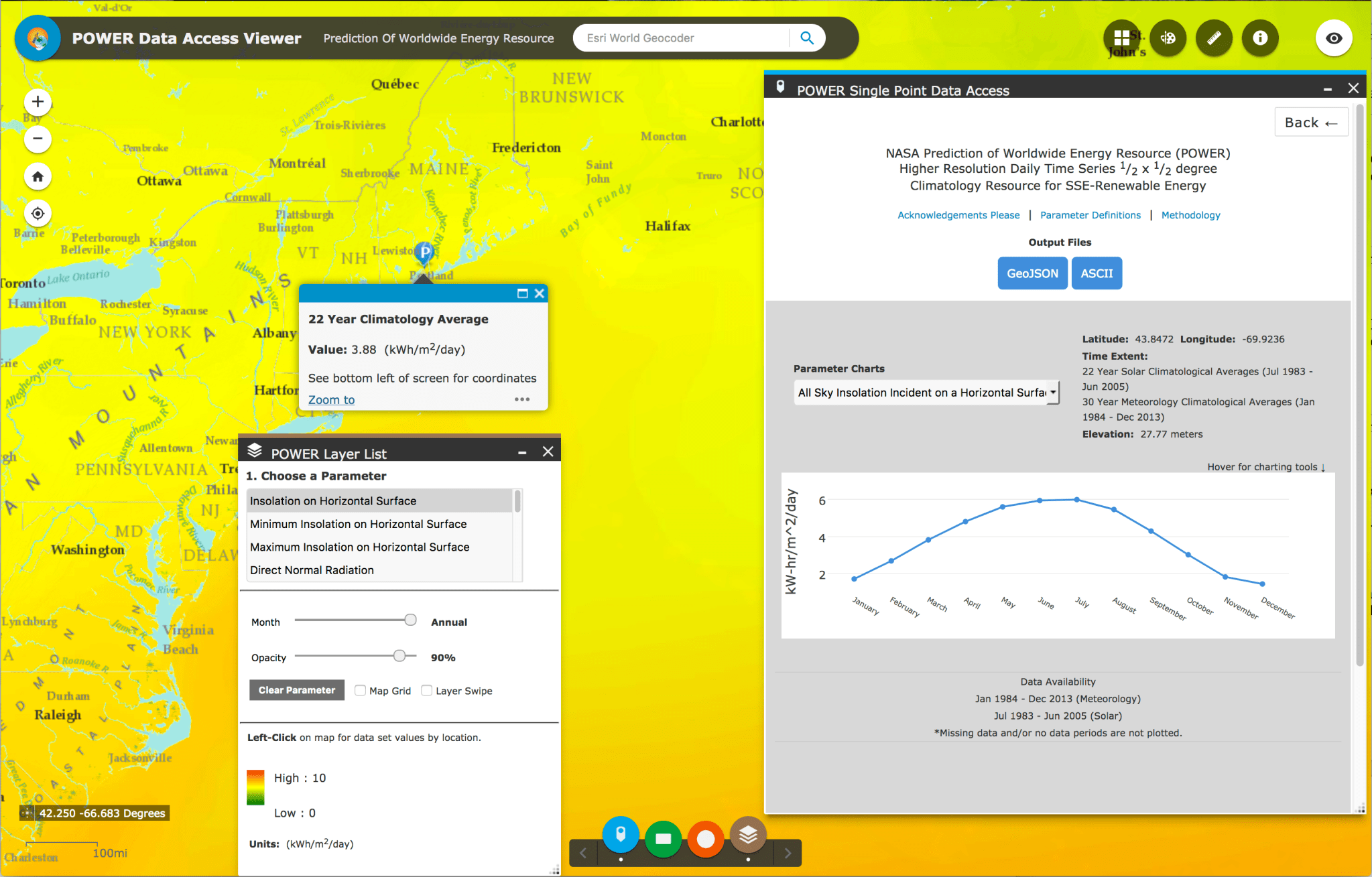 screenshot of the NASA POWER database interface