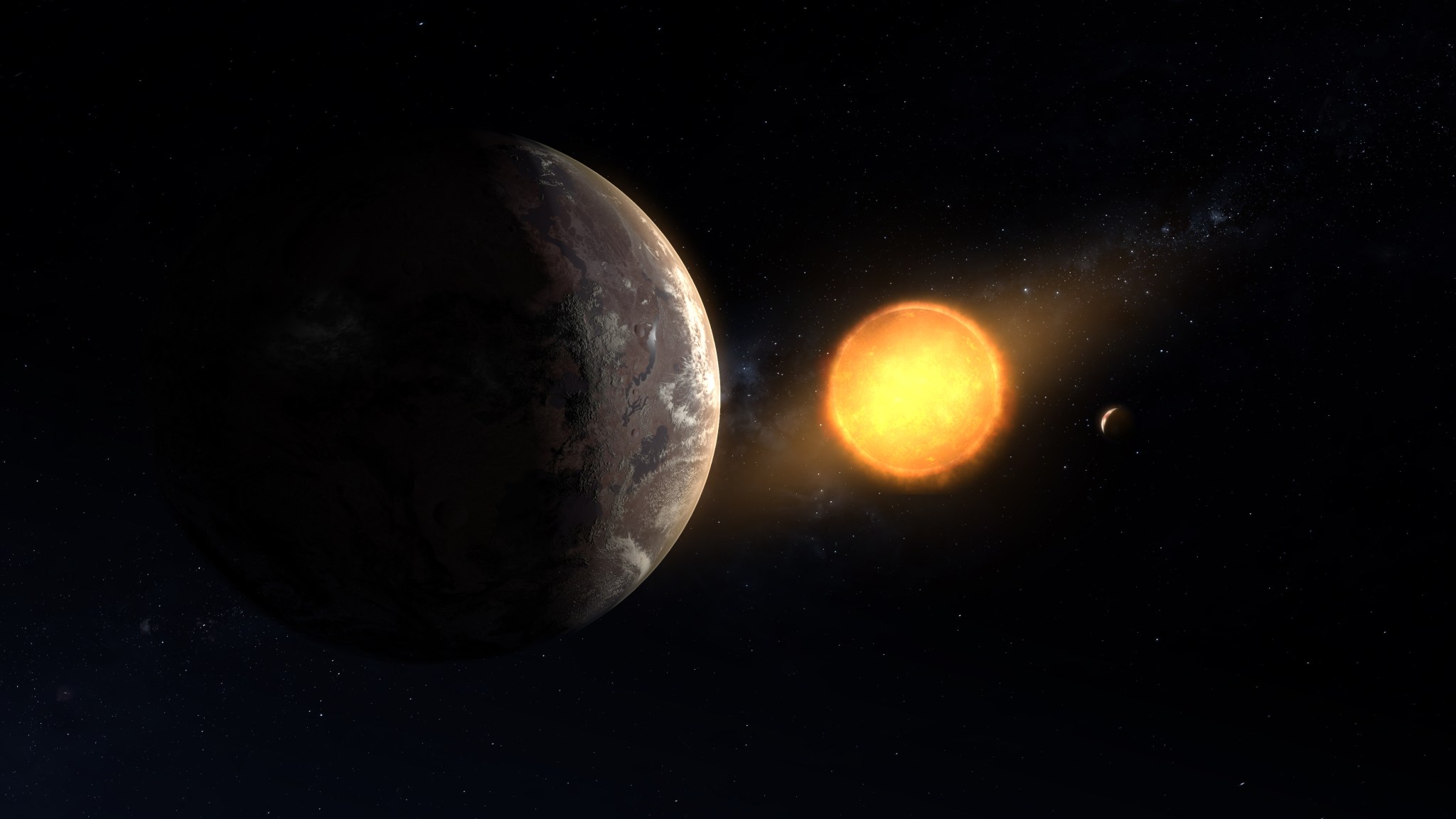 An illustration of Kepler-1649c orbiting around its host red dwarf star.