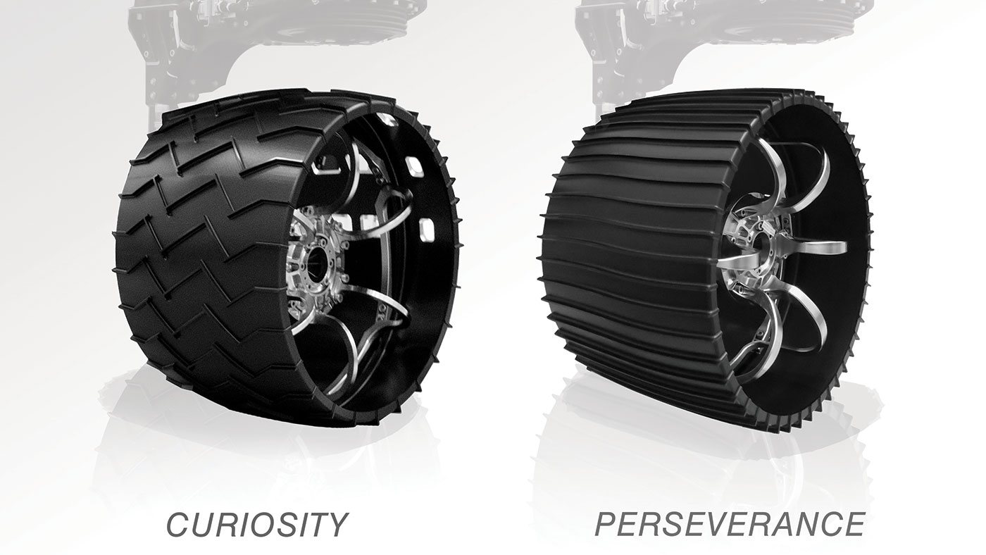 Illustrated here, the aluminum wheels of NASA's Curiosity (left) and Perseverance rovers. 