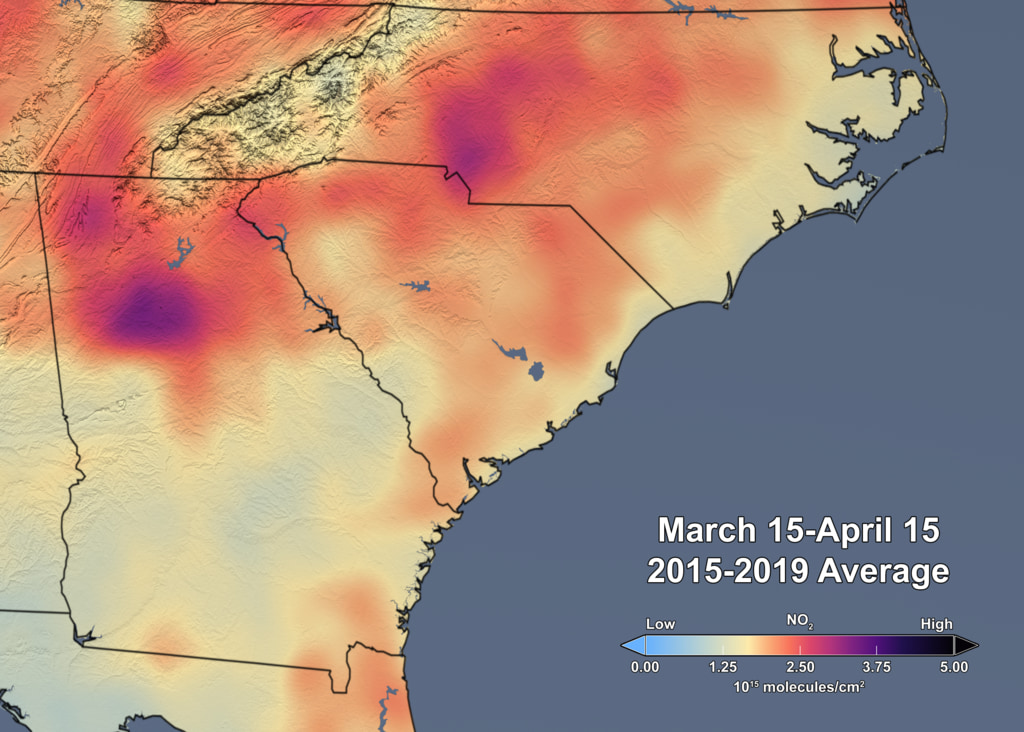 Scientific visualization showing tropospheric NO2 from March 15 - April 15 2015 - 2019 over Southeast USA