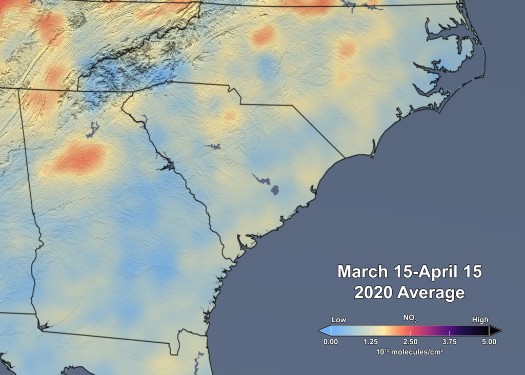Tropospheric NO2 Column, March 15-April 15 2020 Average, Southeast USA