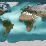A map of Earth's surface highlighting sea surface salinity across the world's oceans. The land masses appear green, brown, and white. The oceans range in color from deep turquoise to almost white, with lighter areas representing higher salinity and darker areas representing lower. The light, high-salinity areas are mostly near the equator, with a wide band of low-salinity water near Antarctica.