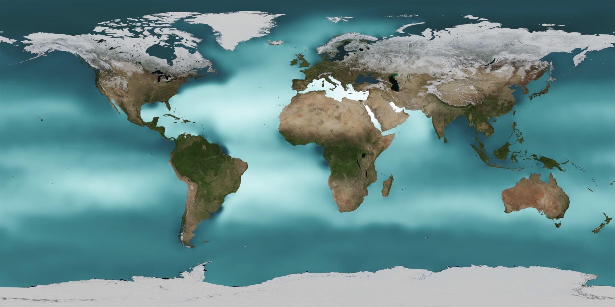 A map of Earth's surface highlighting sea surface salinity across the world's oceans. The land masses appear green, brown, and white. The oceans range in color from deep turquoise to almost white, with lighter areas representing higher salinity and darker areas representing lower. The light, high-salinity areas are mostly near the equator, with a wide band of low-salinity water near Antarctica.