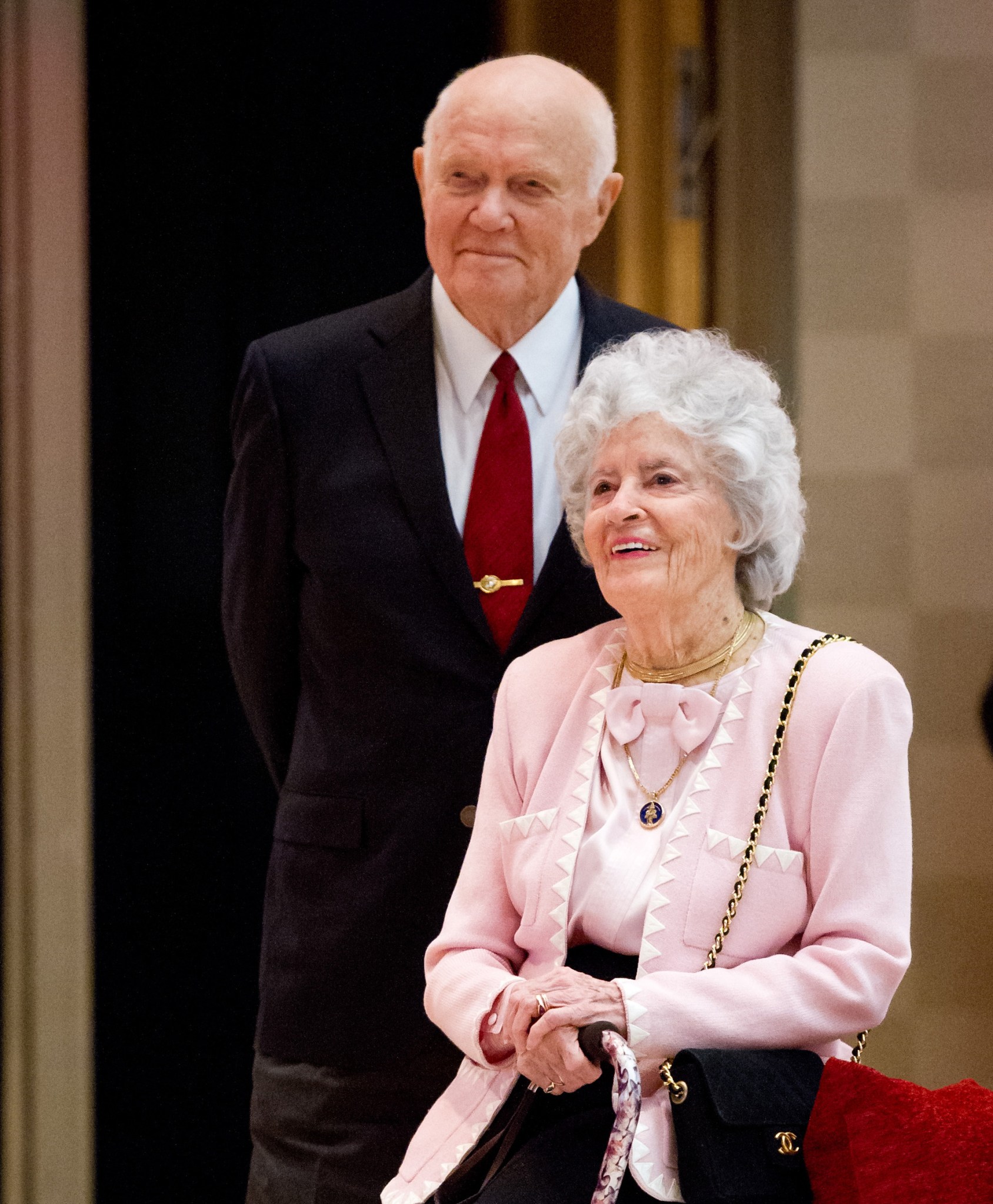 Sen. John Glenn and his wife Annie listen to speakers during a reception at Ohio State University in 2012.