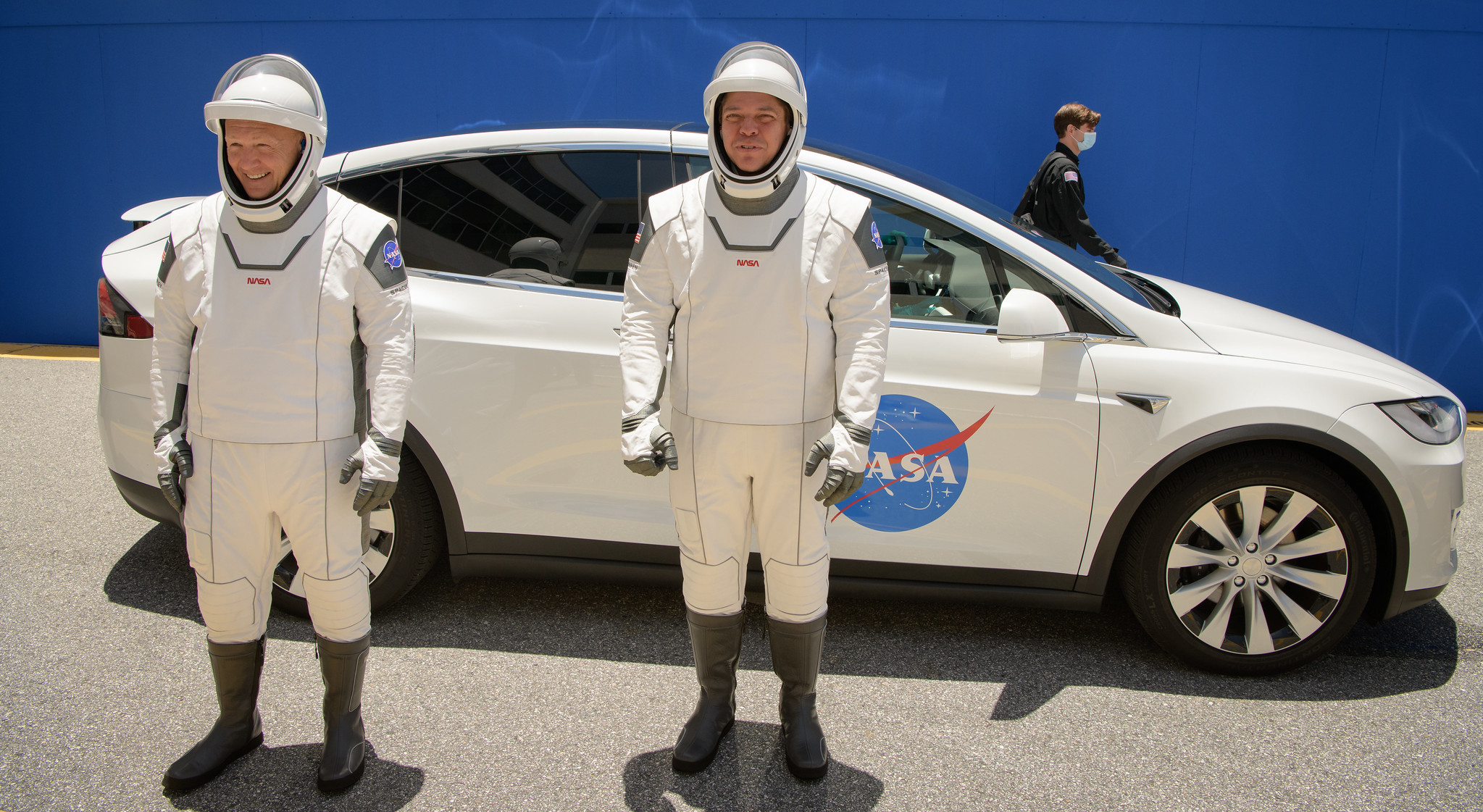 NASA astronauts Douglas Hurley, left, and Robert Behnken, wearing SpaceX spacesuits