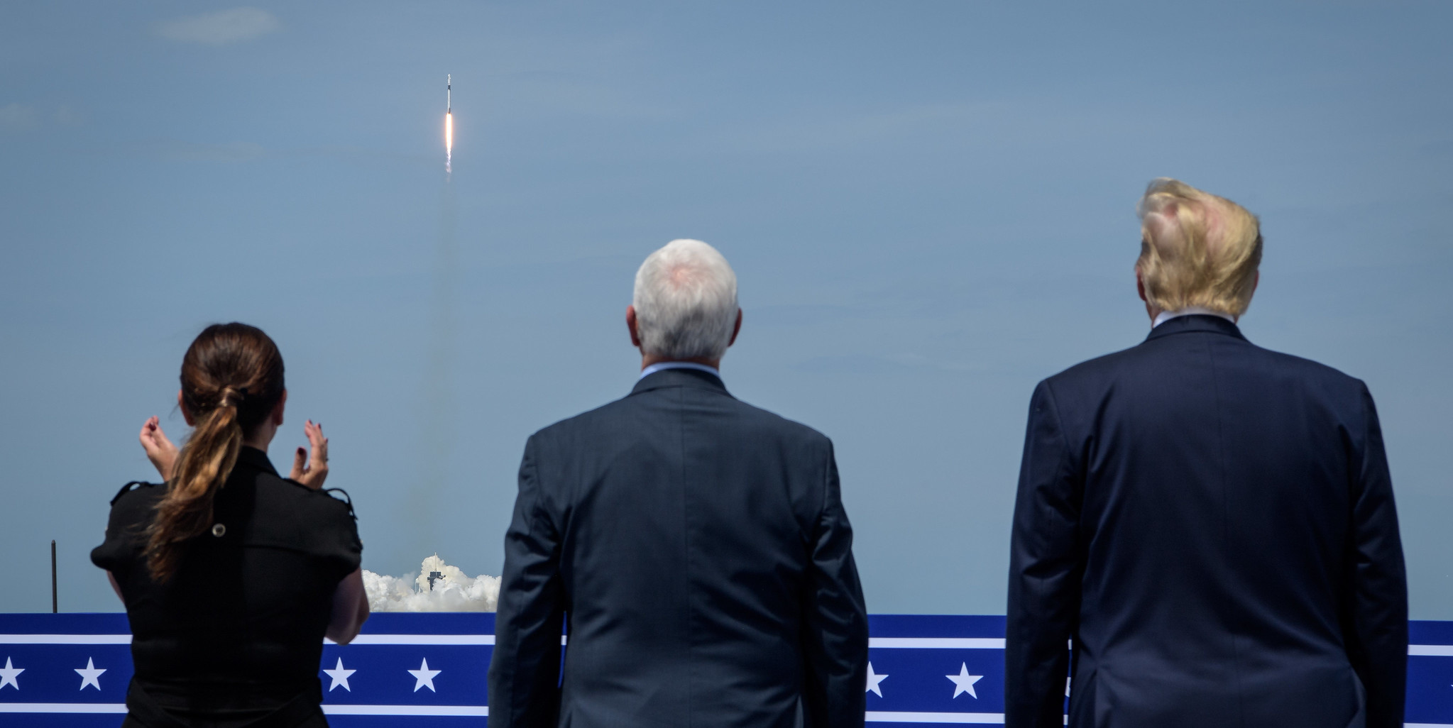 President Donald Trump, right, Vice President Mike Pence, and Second Lady Karen Pence watch the launch of a SpaceX Falcon 9 .