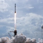 A SpaceX Falcon 9 rocket carrying the company's Crew Dragon spacecraft is launched from Launch Complex 39A