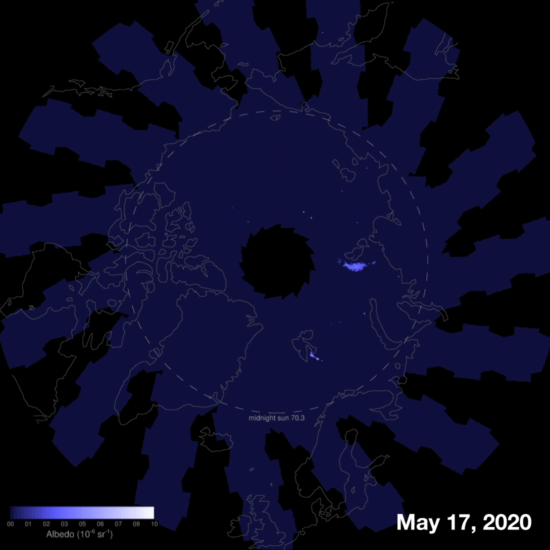 The Arctic is outlined, and electric blue and white clouds spiral over the Arctic as time passes.