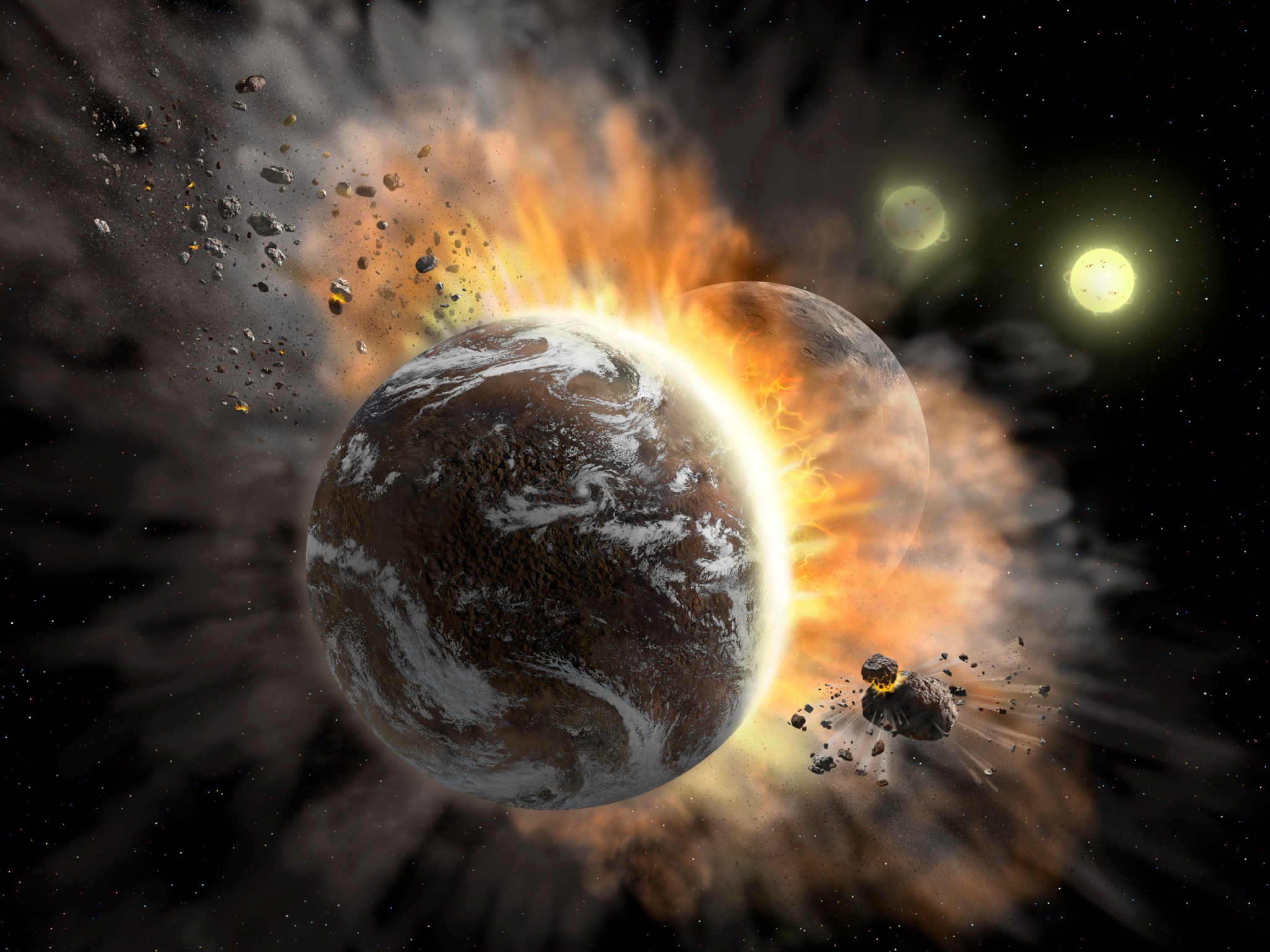 Illustration of two rocky exoplanets colliding and creating dust.