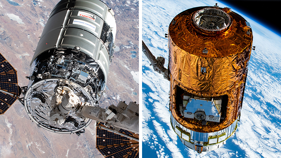 The U.S. Cygnus cargo craft (left) from the United States departs the station on Monday. The H-II Transfer Vehicle (right) from Japan arrives at the station on April 25.