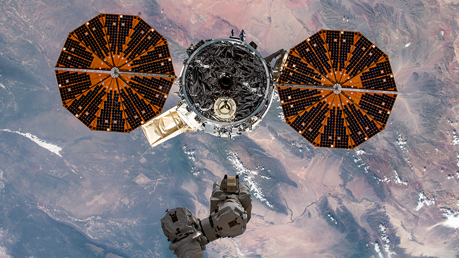 The Cygnus space freighter is pictured moments after its release