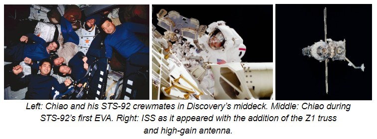 Left: Chiao and his STS-92 crewmates in Discovery’s middeck. Middle: Chiao during STS-92’s first EVA. Right: ISS as it appeared with the addition of the Z1 truss and high-gain antenna.