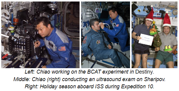 Left: Chiao working on the BCAT experiment in Destiny. Middle: Chiao (right) conducting an ultrasound exam on Sharipov. Right: Holiday season aboard ISS during Expedition 10.