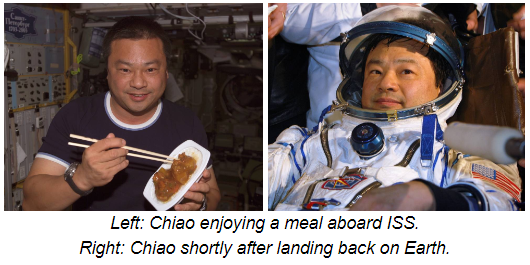 Left: Chiao enjoying a meal aboard ISS. Right: Chiao shortly after landing back on Earth.