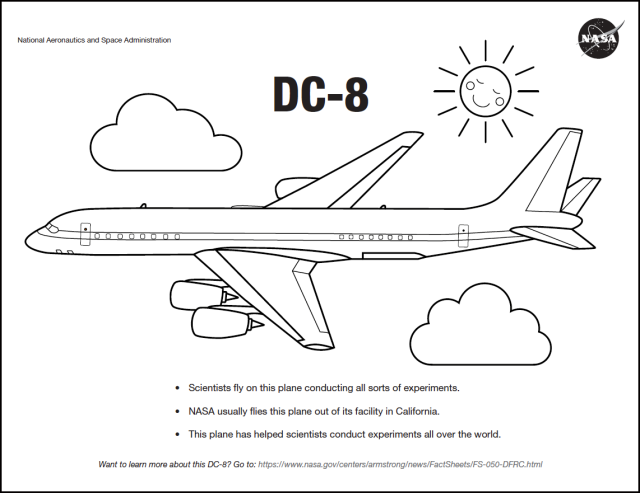 DC-8 Coloring page showing a Black and white drawing of a DC-8 airplane