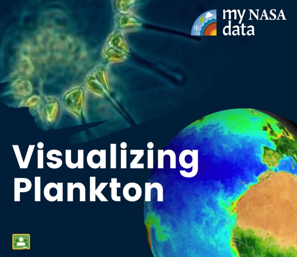 Collage of a close-up view of glowing phytoplankton and a globe showing colorful ocean temperature data Visualizing Plankton