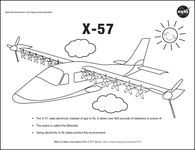 The X-57 Coloring page, shows a black and white drawing of the X-57 airplane