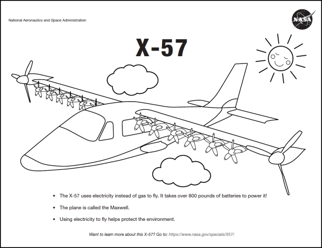 The X-57 Coloring page, shows a Black and white drawing of the X-57 airplane