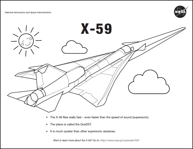 The X-59 Coloring page shows a black and white drawing of the X-59 airplane