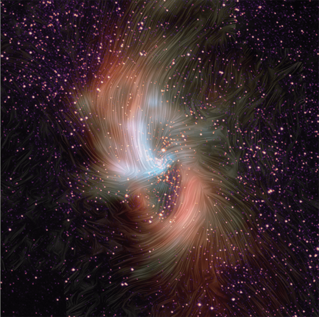 Streamlines showing magnetic fields layered over a color image of the dusty ring around the Milky Ways massive black hole.