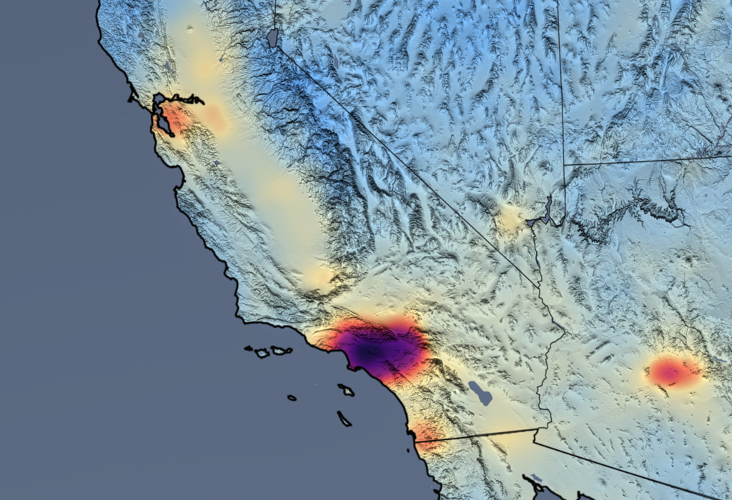 Data visualization of nitrogen dioxide concentrations over the southwest US. Most of the map is light blue fading to yellow, representing lower concentrations, with a mass of darker red to purple over LA, representing higher concentrations. A smaller, red and orange mass over Las Vegas and farther north in California also represent higher concentrations.