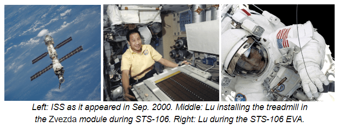 Left: ISS as it appeared in Sep. 2000. Middle: Lu installing the treadmill in the Zvezda module during STS-106. Right: Lu during the STS-106 EVA.