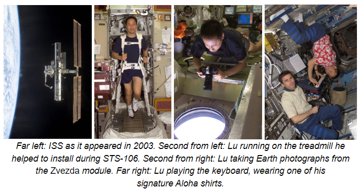 Far left: ISS as it appeared in 2003. Second from left: Lu running on the treadmill he helped to install during STS-106. Second from right: Lu taking Earth photographs from the Zvezda module. Far right: Lu playing the keyboard, wearing one of his signature Aloha shirts.