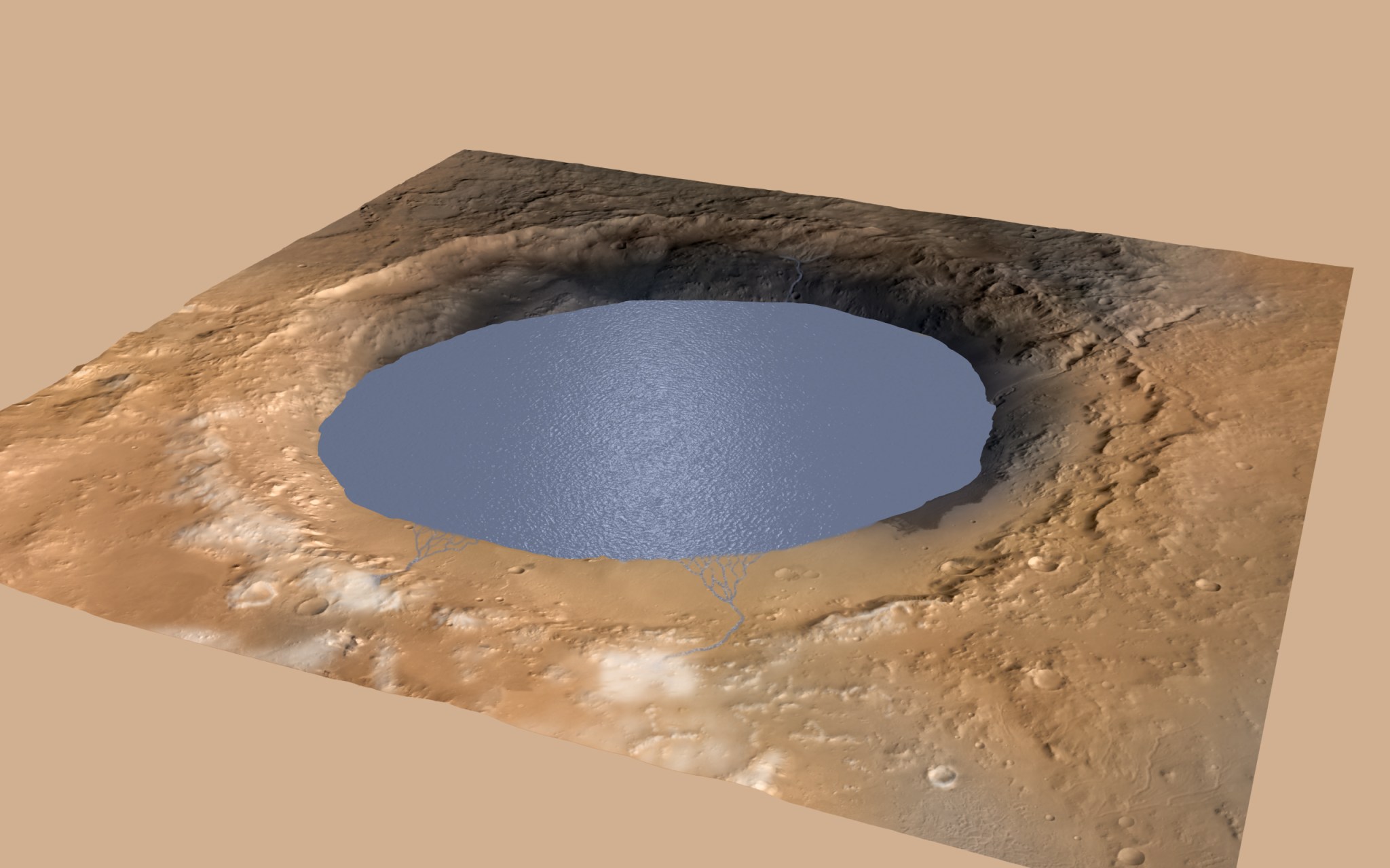 Illustration depicting a lake of water partially filling Mars' Gale Crater