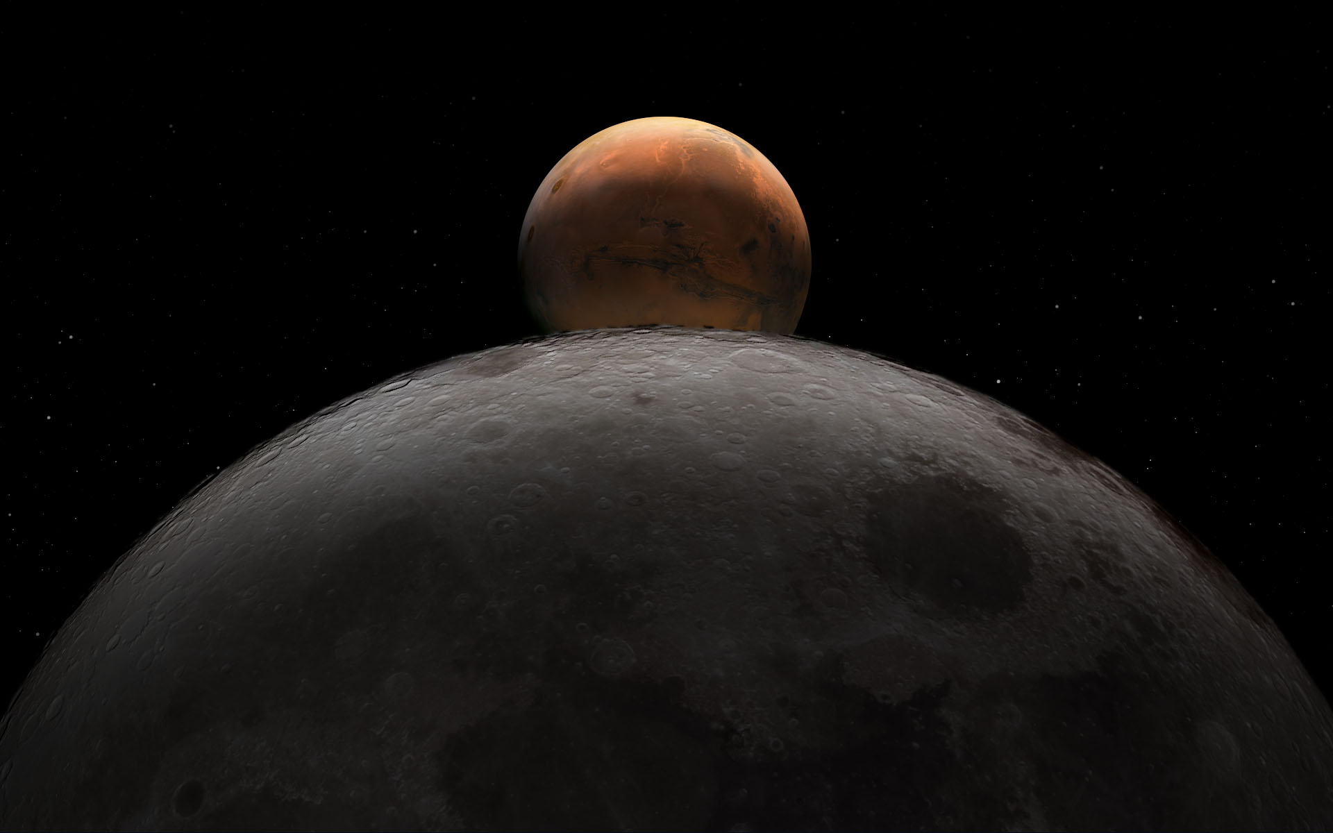 Illustration showing Moon in the foreground with Mars in the background
