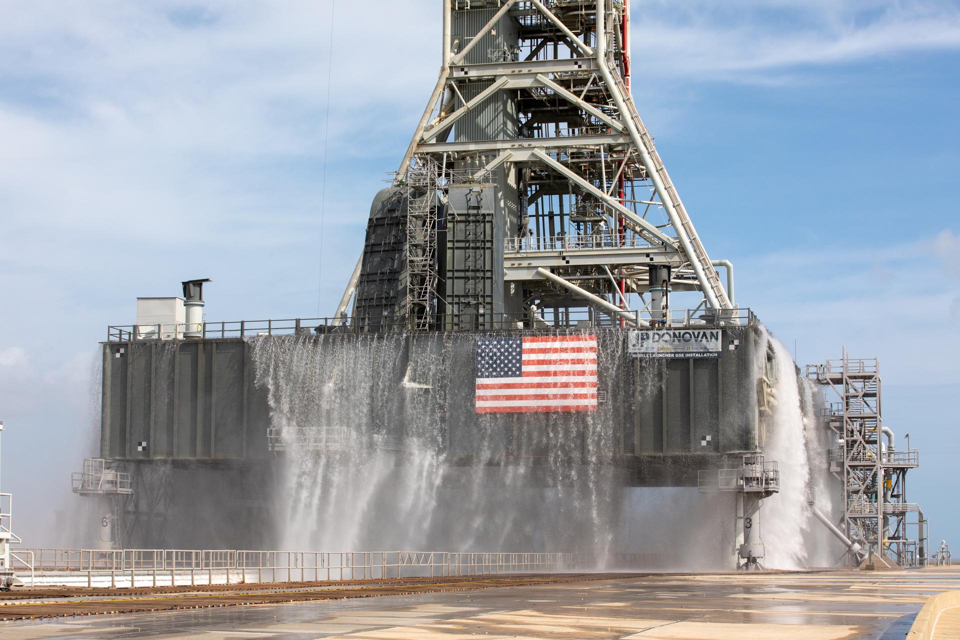 A water flow test was conducted on Sept. 30, 2019 at Launch Pad 39B at NASA's Kennedy Space Center in Florida.