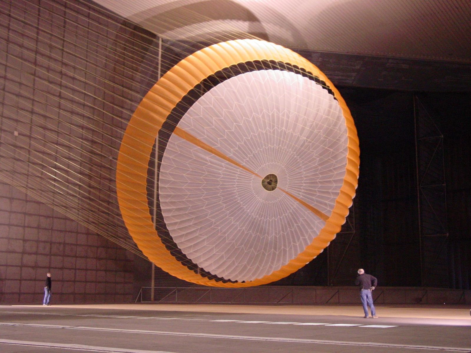 A Mars rover parachute inflated inside the world's largest wind tunnel