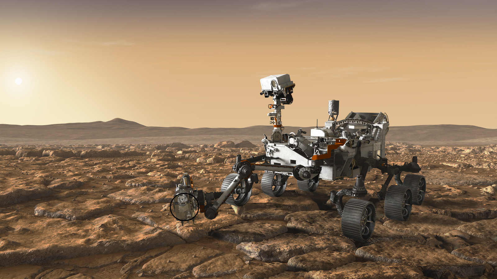 As seen in this artist's concept, the SHERLOC instrument is located on the end of the robotic arm