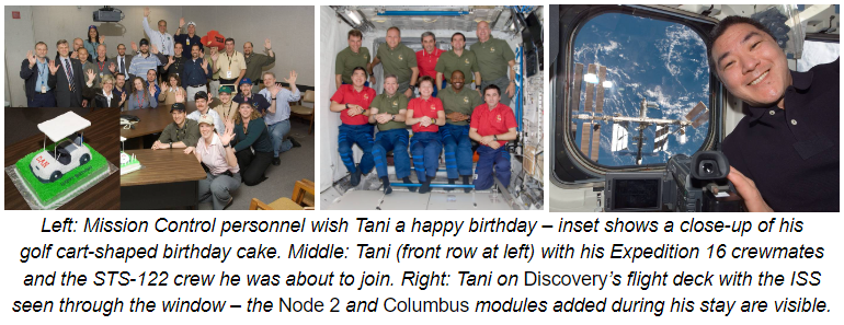 Left: Mission Control personnel wish Tani a happy birthday – inset shows a close-up of his golf cart-shaped birthday cake. Middle: Tani (front row at left) with his Expedition 16 crewmates and the STS-122 crew he was about to join. Right: Tani on Discovery’s flight deck with the ISS seen through the window – the Node 2 and Columbus modules added during his stay are visible.