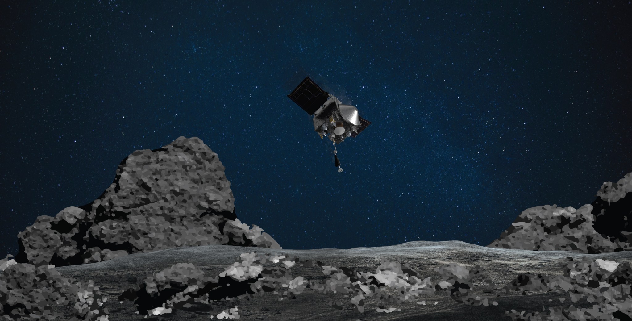 illustration of OSIRIS-REx spacecraft above mottled, gray surface of asteroid Bennu