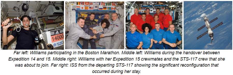 Far left: Williams participating in the Boston Marathon. Middle left: Williams during the handover between Expedition 14 and 15. Middle right: Williams with her Expedition 15 crewmates and the STS-117 crew that she was about to join. Far right: ISS from the departing STS-117 showing the significant reconfiguration that occurred during her stay.