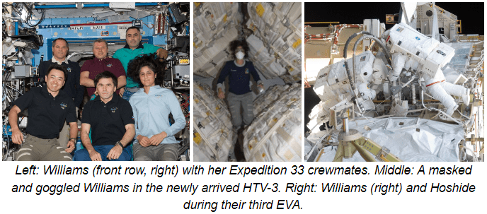 Left: Williams (front row, right) with her Expedition 33 crewmates. Middle: A masked and goggled Williams in the newly arrived HTV-3. Right: Williams (right) and Hoshide during their third EVA.