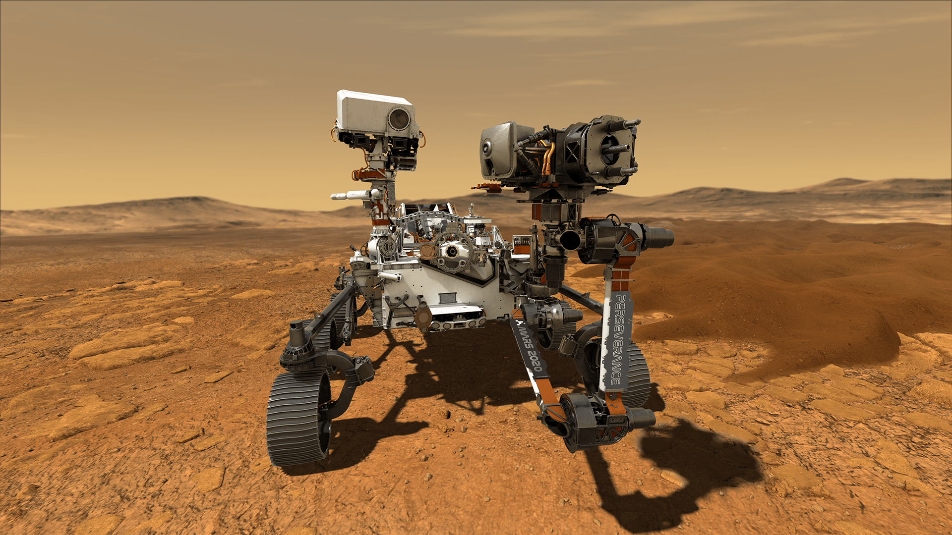 This illustration depicts NASA's Perseverance rover operating on the surface of Mars.