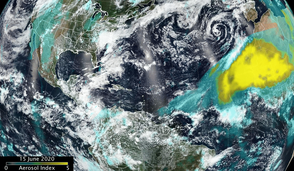 This animation shows aerosols move over a true color satellite image  of U.S. and northern South America in June 2020, the Aerosols are blue with yellow in the middle. 